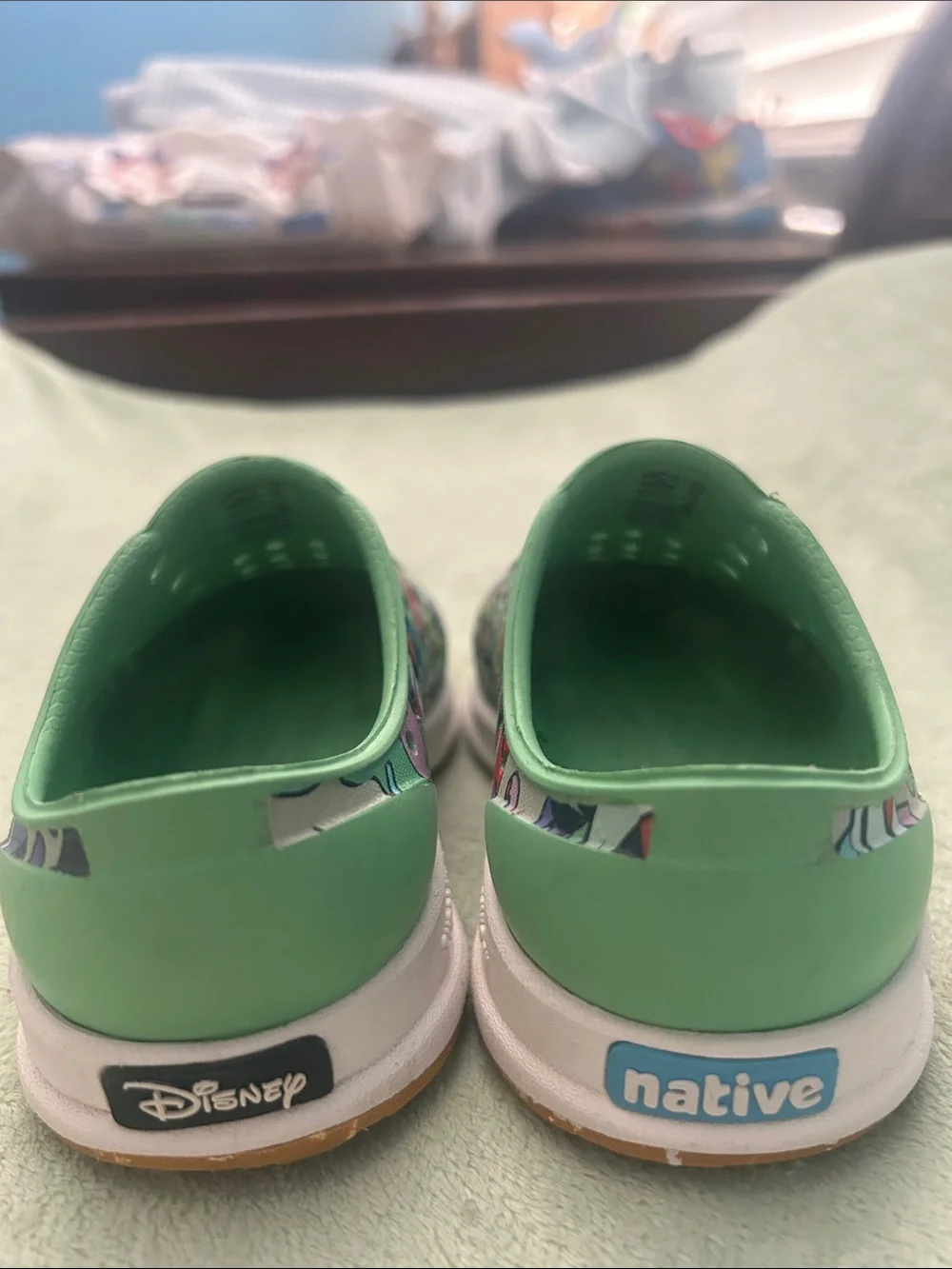 Native Disney Kids Slip-On Water Shoes in Mint Green with Multicolor Graphic